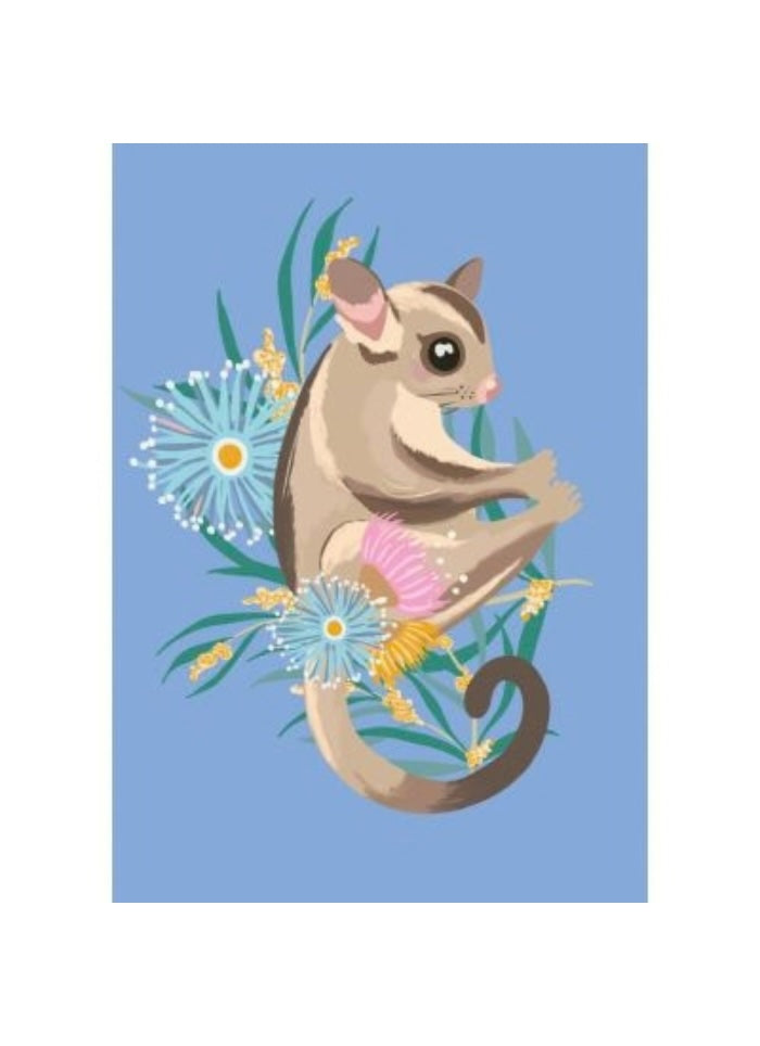 A cute possum in eucalyptus bush with flowers on a blue background.