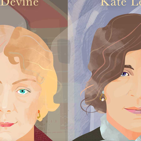 Illustrations of two women with text overlay on a split background