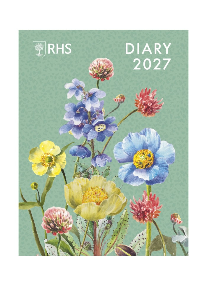 A floral diary cover for 2027 from RHS, featuring watercolor-style illustrations of blue, yellow, and pink flowers on a muted sage green background with white text reading 'RHS DIARY 2027'.