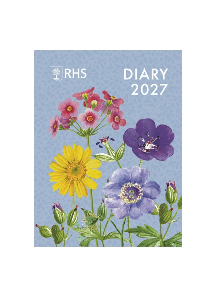 RHS Diary 2027 featuring a botanical cover illustration with yellow, pink, and purple wildflowers on a light blue patterned background.