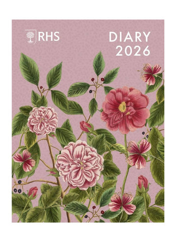RHS diary cover with floral design and '2026' text on a pink background