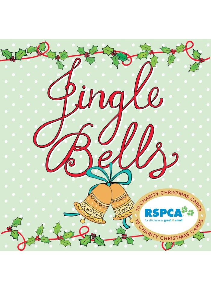 Front cover of a Christmas card set titled 'Jingle Bells' with red script lettering, green holly garlands, two gold bells, and a ribbon badge that reads 'RSPCA 10 Charity Christmas Cards' on a pale green polka-dot background.
