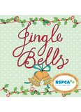 Front cover of a Christmas card set titled 'Jingle Bells' with red script lettering, green holly garlands, two gold bells, and a ribbon badge that reads 'RSPCA 10 Charity Christmas Cards' on a pale green polka-dot background.