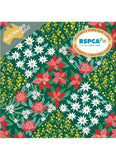A festive Christmas card pattern featuring red poinsettias, white daisies, and yellow bunnies on a dark green background, with an 'Australian Artist' badge and an 'RSPCA for all creatures great & small' logo.