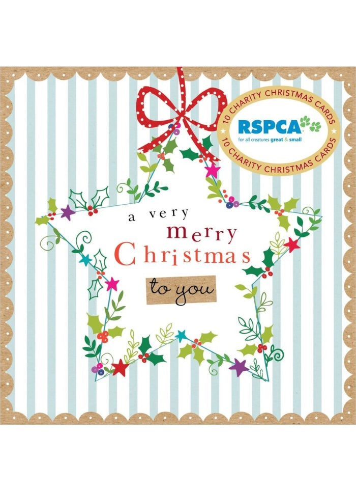 A festive Christmas card design with a white and light blue striped background, scalloped tan border, red bow, holly, stars, and green vines. The center reads 'a very merry Christmas to you' with an RSPCA logo badge in the upper right.