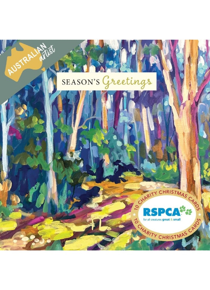 A Christmas greeting card featuring an expressive, colorful forest painting with trees and a sunlit path. The card includes a gray diagonal banner reading 'AUSTRALIAN artist' and a white oval badge at the lower right that says 'SEASON'S Greetings' and 'RSPCA 10 Charity Christmas Cards 10 Charity Christmas Cards'.