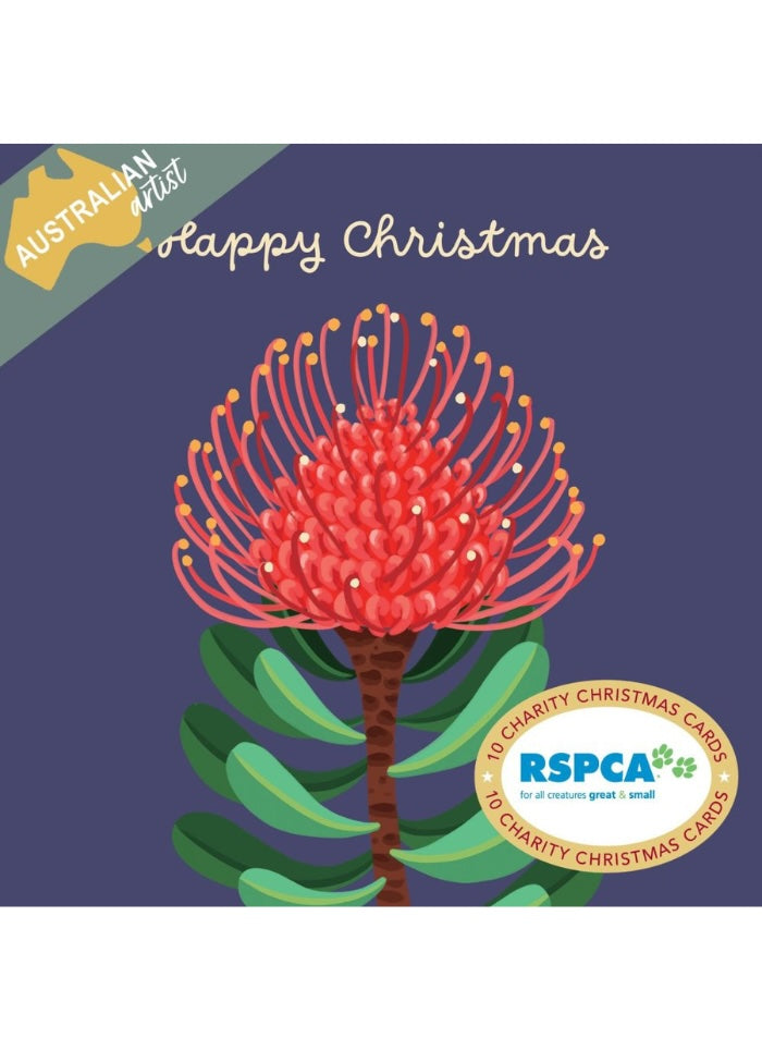 A Christmas-themed card design with a large red and green floral illustration on a dark blue background, plus the words 'Happy Christmas' and an 'Australian Artist' badge. An RSPCA logo appears in a circular badge at the lower right.