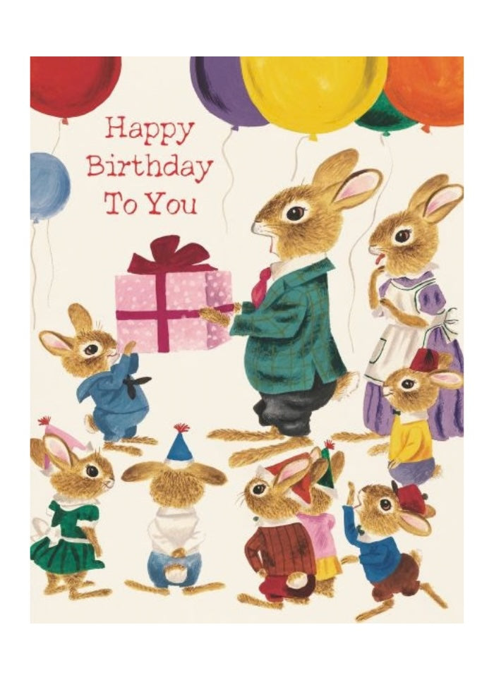 Birthday card with illustrated bunnies and balloons