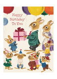 Birthday card with illustrated bunnies and balloons