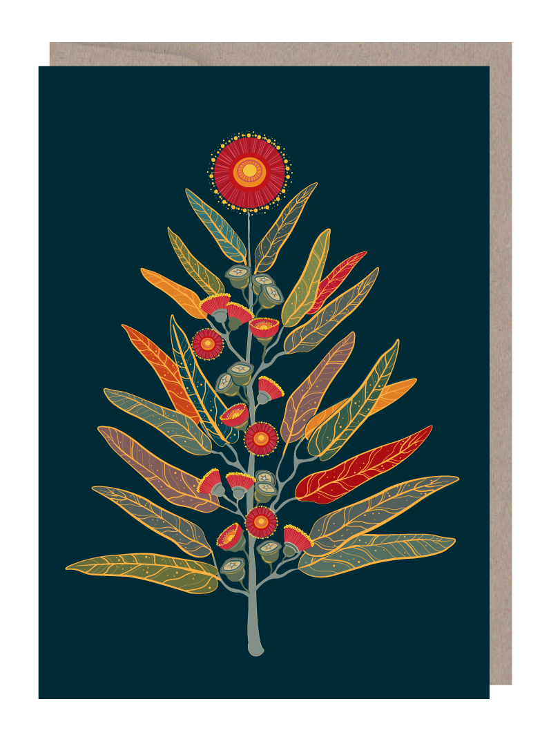 A GREEN CARD WITH A GUM BRANCH WITH GUM FLOWERS IN the shape of a Christmas tree.