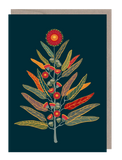 A GREEN CARD WITH A GUM BRANCH WITH GUM FLOWERS IN the shape of a Christmas tree.