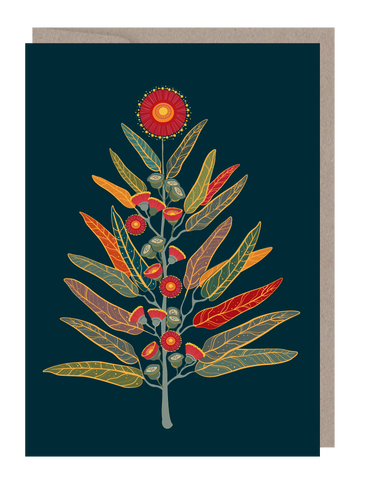 Greeting card with a colorful floral design on a dark blue background