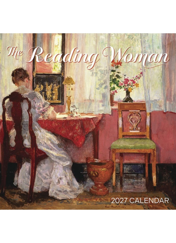 Calendar cover with an illustration of a woman reading at a table, featuring the title 'The Reading Woman' and the year 2027.