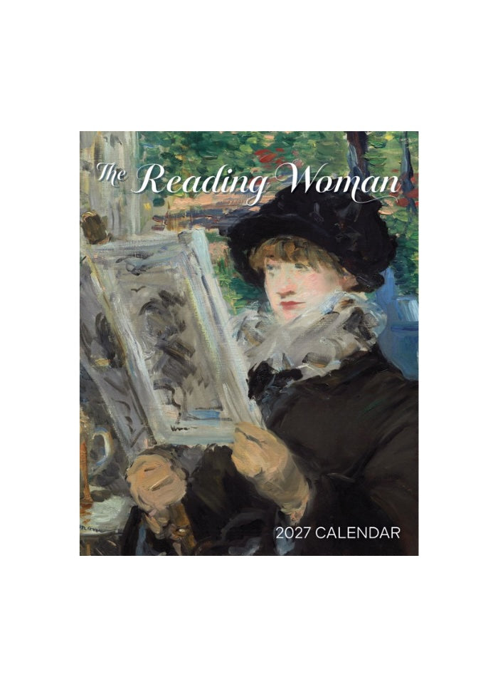 2027 calendar cover featuring an illustration of a woman reading, with 'The Reading Woman' text.
