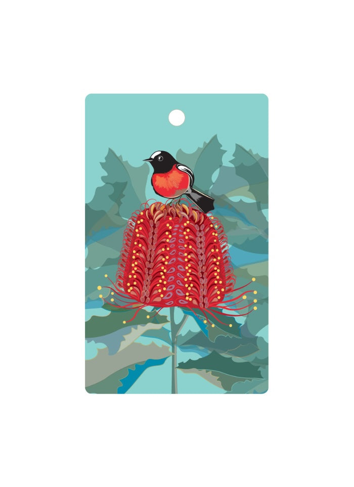 Card with a bird on a red flower against a forest background