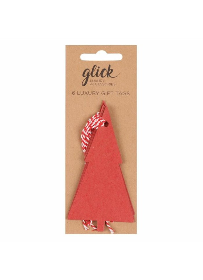 Red Christmas tree-shaped gift tag on a brown paper backing with 'glick' branding.
