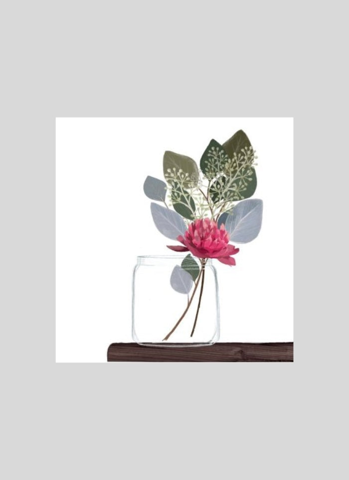 Decorative wall art with a pink flower and green leaves in a clear vase on a white background