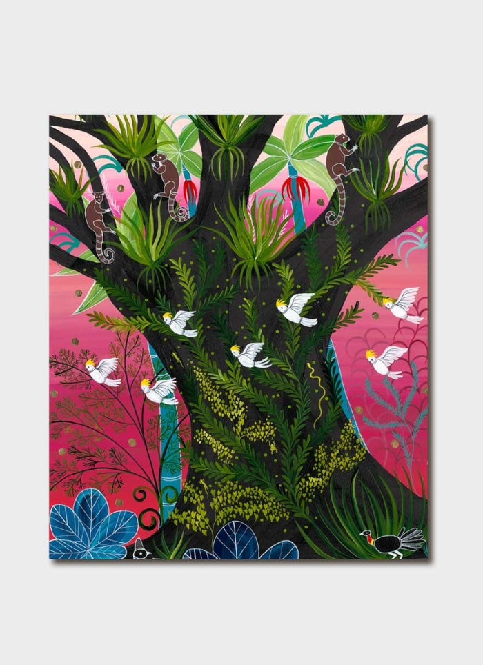 Colorful artwork of a tree with birds and abstract elements on a pink background
