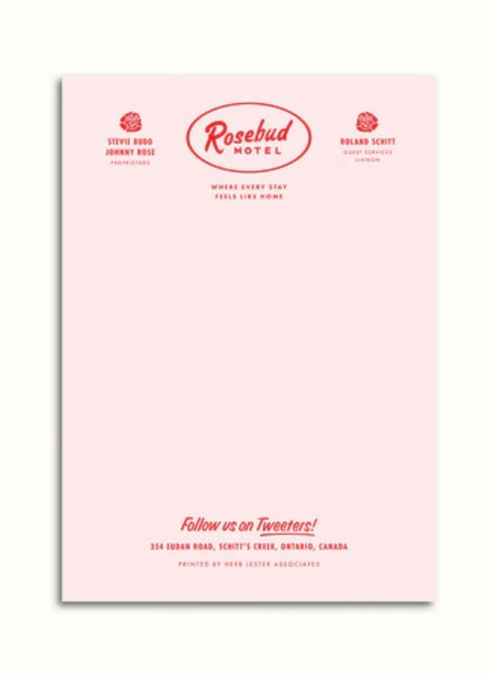 Rosebud Hotel promotional flyer with branding and contact information on a pink background