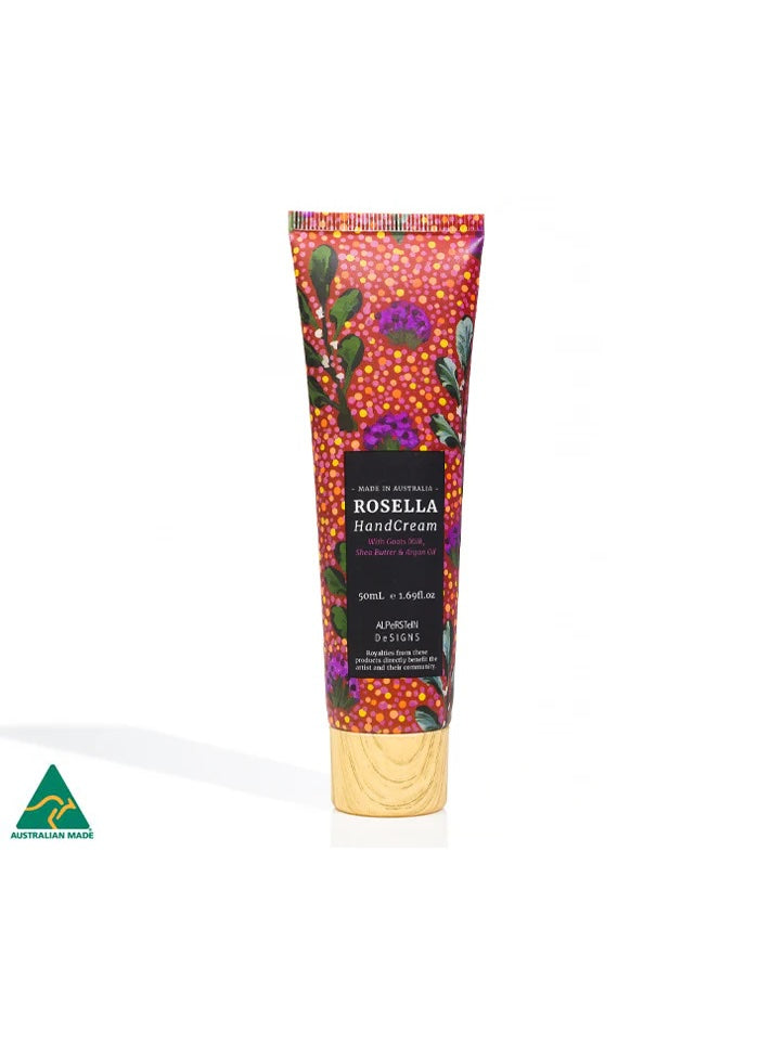 Tube of Rosella hand cream with floral design on a white background