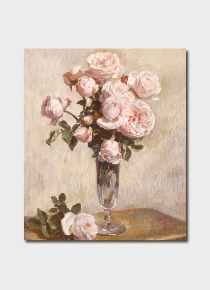 Painting of pink roses in a glass vase on a textured beige background