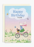 Card with a rabbit riding a bike and says Happy Birthday to you