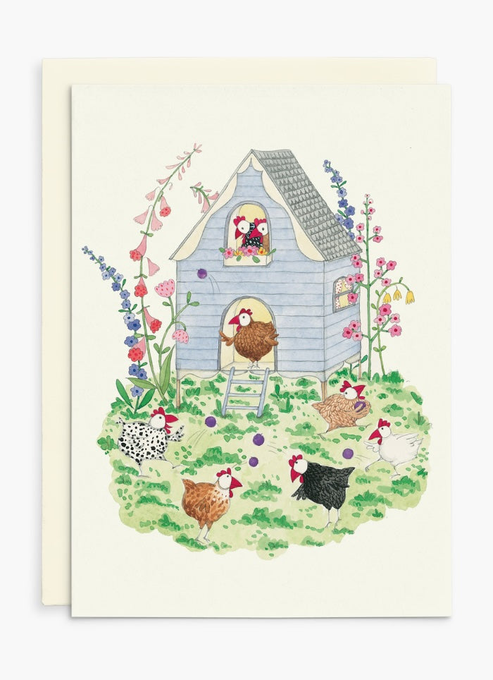 Illustration of a chicken coop with chickens and flowers on a card