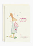 Greeting card with a rabbit illustration and text 'Welcome to the world little one' on a white background.