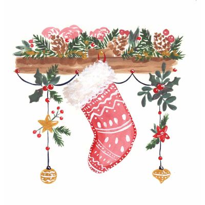 A Mantel with a red and white stocking and other decorations in watercolour