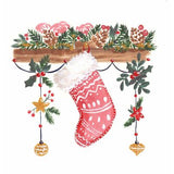 A Mantel with a red and white stocking and other decorations in watercolour