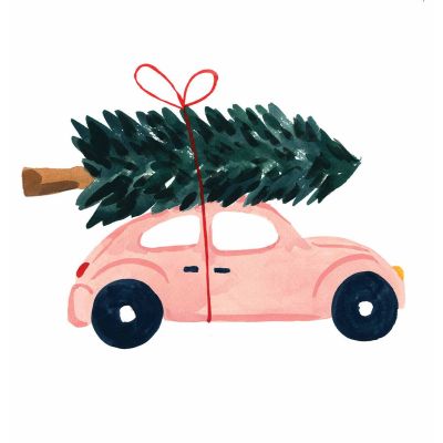 A watercolor-style illustration of a pink car carrying a dark green Christmas tree on its roof, tied with a red string, on a plain white background.