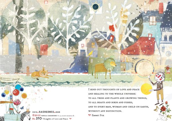 A square art print featuring a whimsical, textured watercolor-style winter scene with trees, houses, a train, animals, and a small clown. A block of text from Emmet Fox appears on the lower right, and the website www.