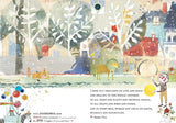 A square art print featuring a whimsical, textured watercolor-style winter scene with trees, houses, a train, animals, and a small clown. A block of text from Emmet Fox appears on the lower right, and the website www.