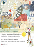 A whimsical card featuring a collage of pastel-toned objects and figures, including a lion, house, tree, and a small character holding a yellow sun. A large quote by Emmet Fox appears at the bottom in black text.