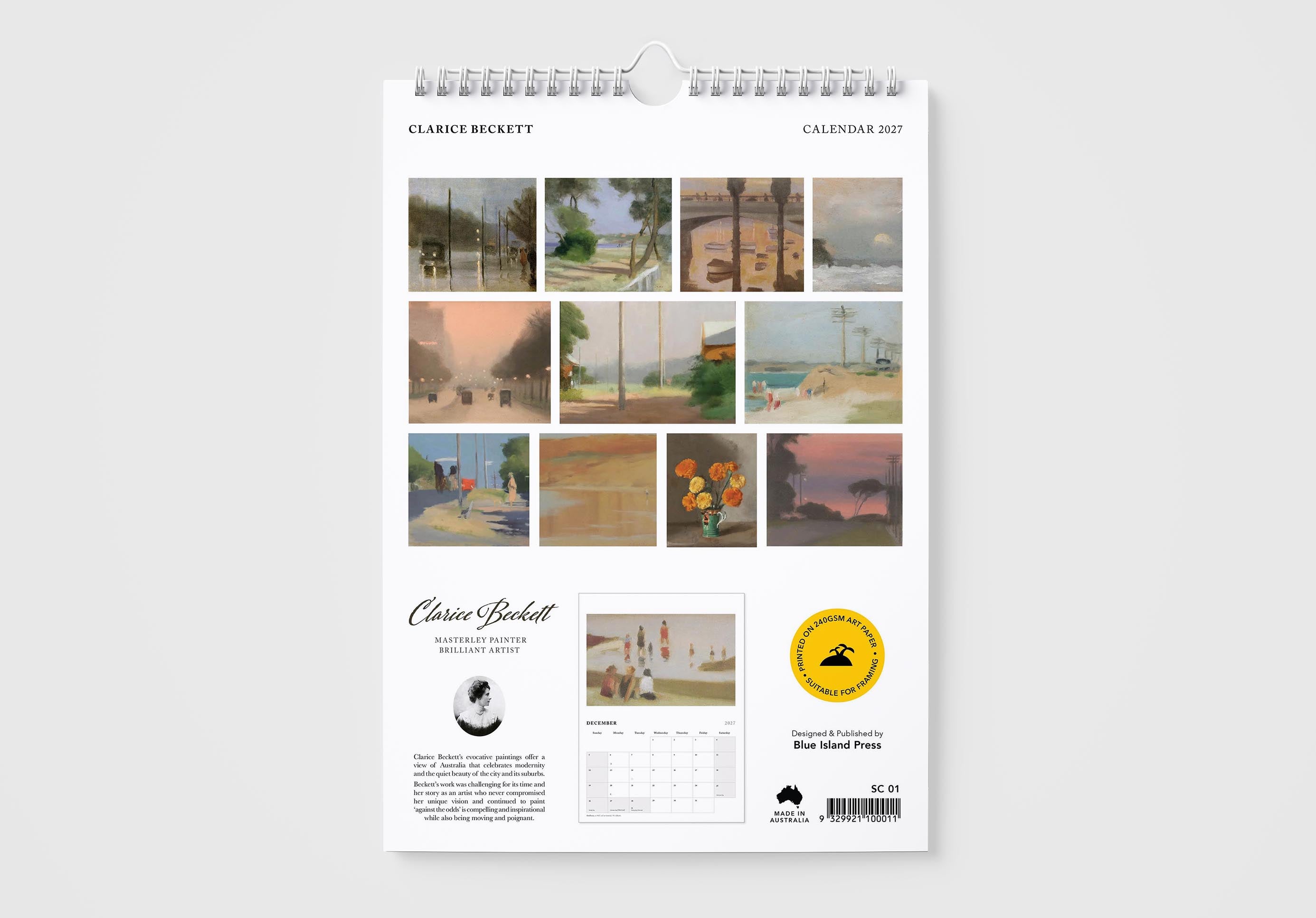 Calendar with artistic landscape images on a white background