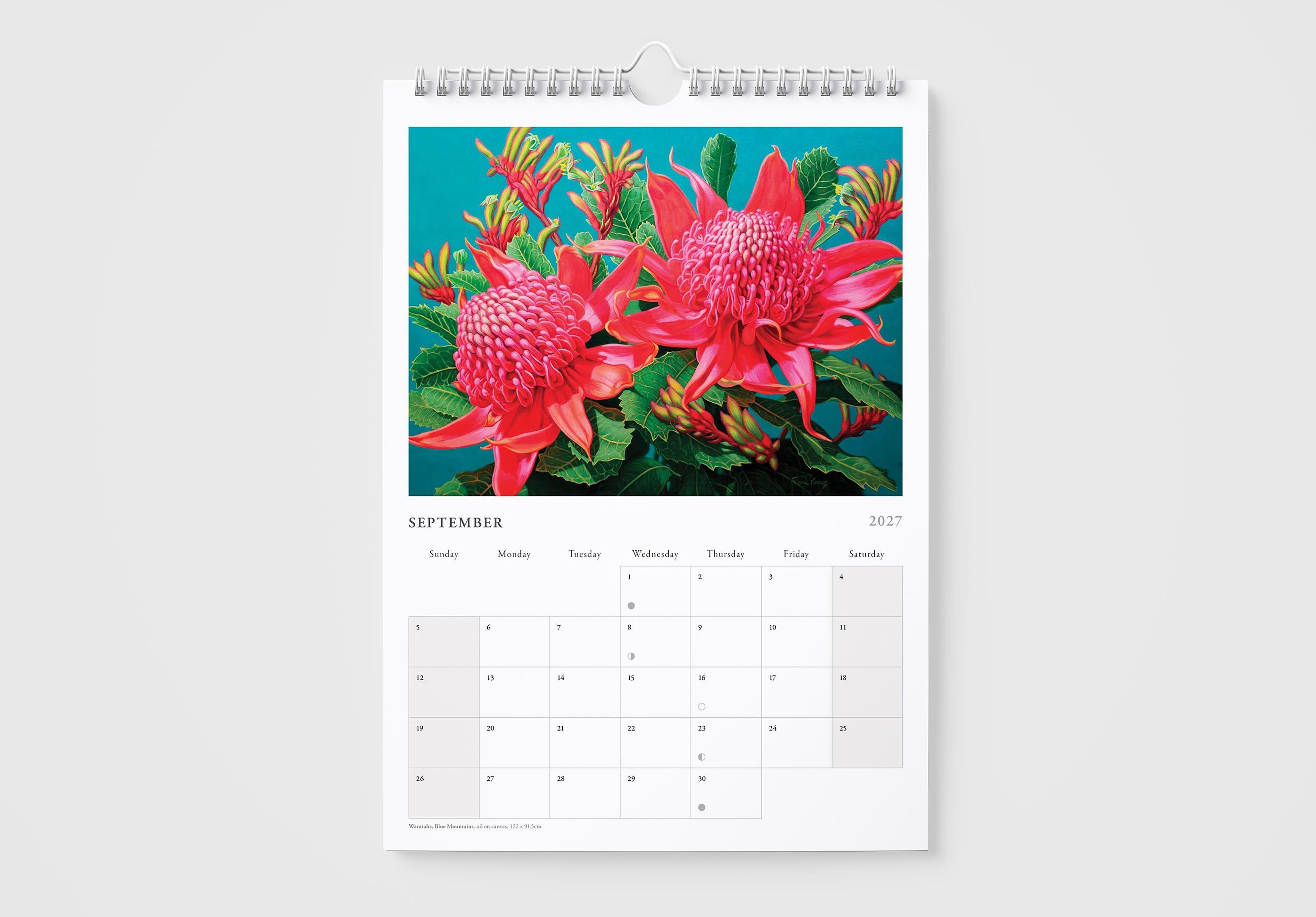Calendar with a vibrant pink flower design on a white background