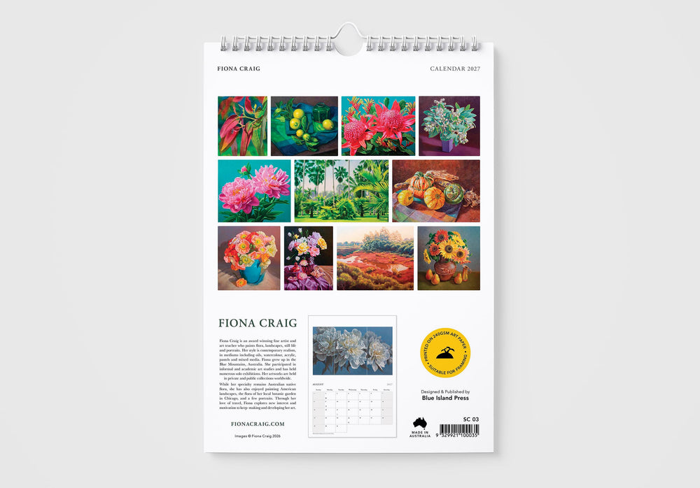 Fiona Craig calendar with colorful floral images on a white background