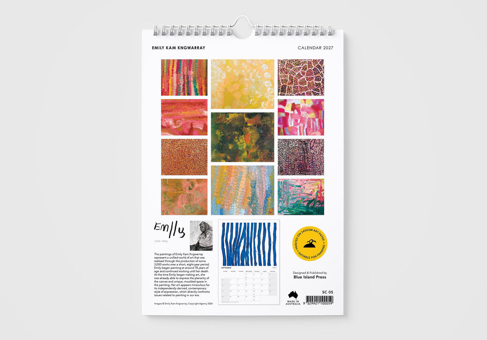 Calendar with colorful abstract designs on a white background