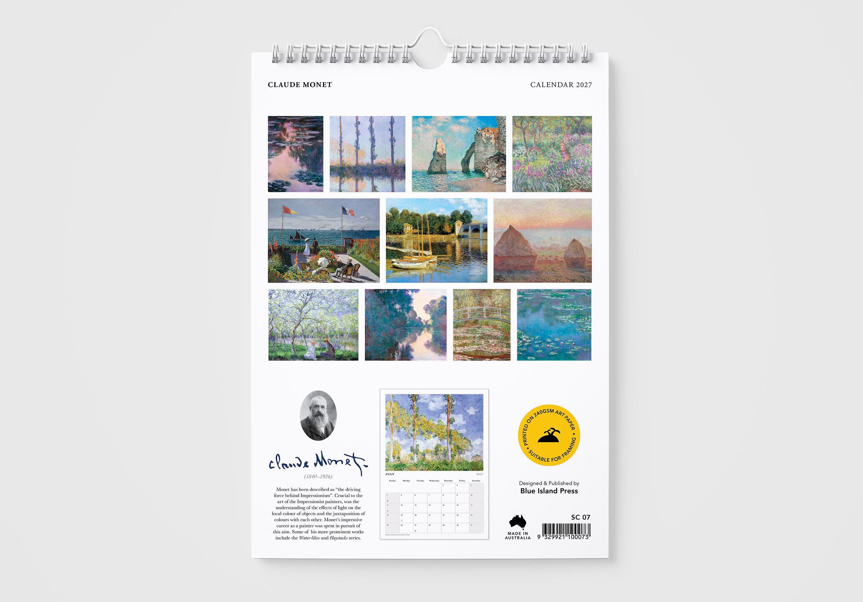 Calendar with Claude Monet artwork on a white background