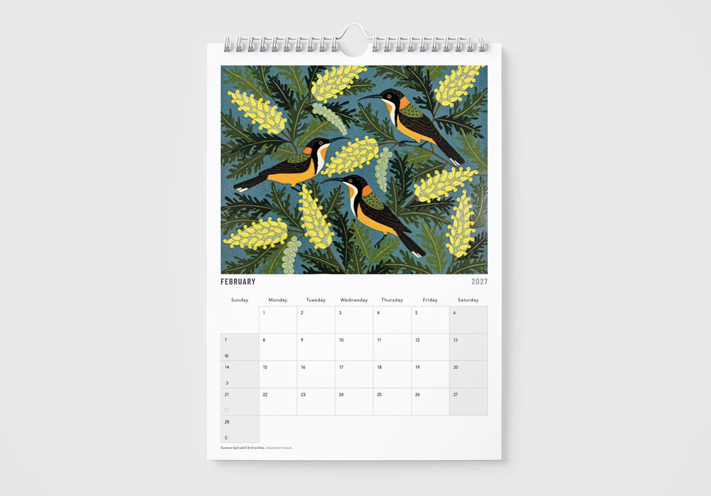Calendar with bird and floral design on a white background