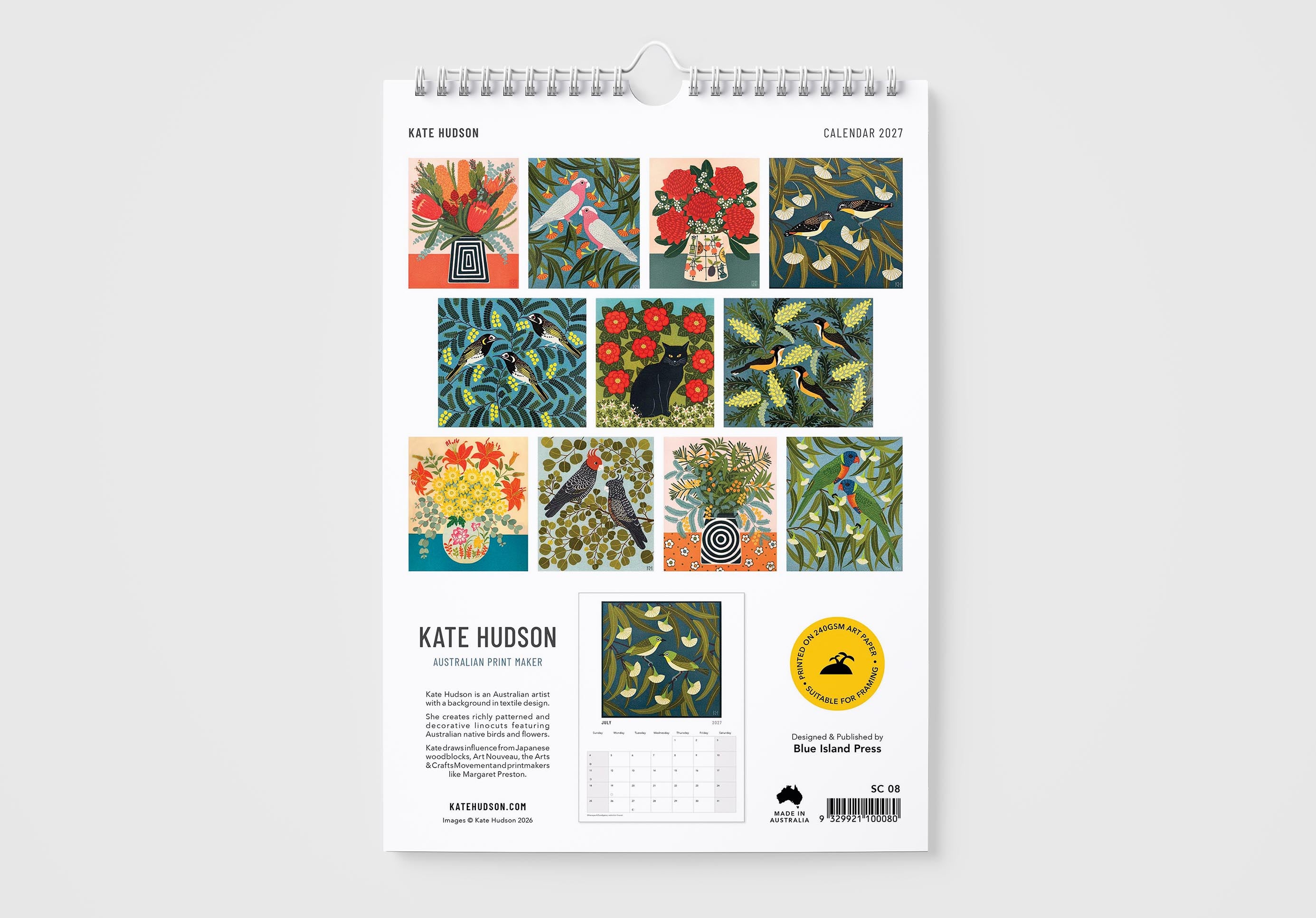 Calendar with artistic designs on a white background
