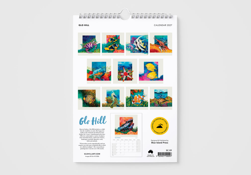 Calendar with colorful underwater scene designs on a white background