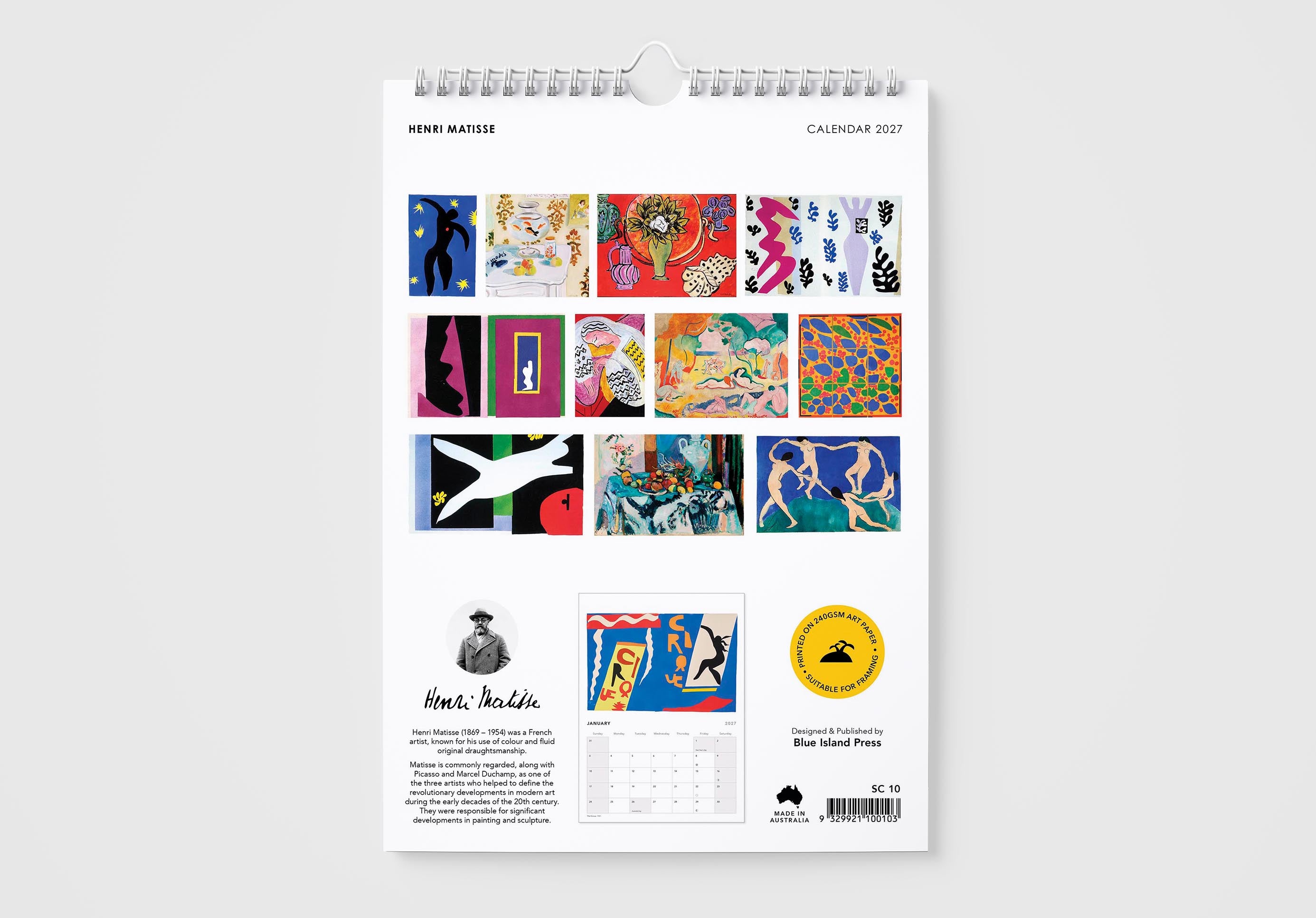 Calendar with colorful art illustrations on a white background