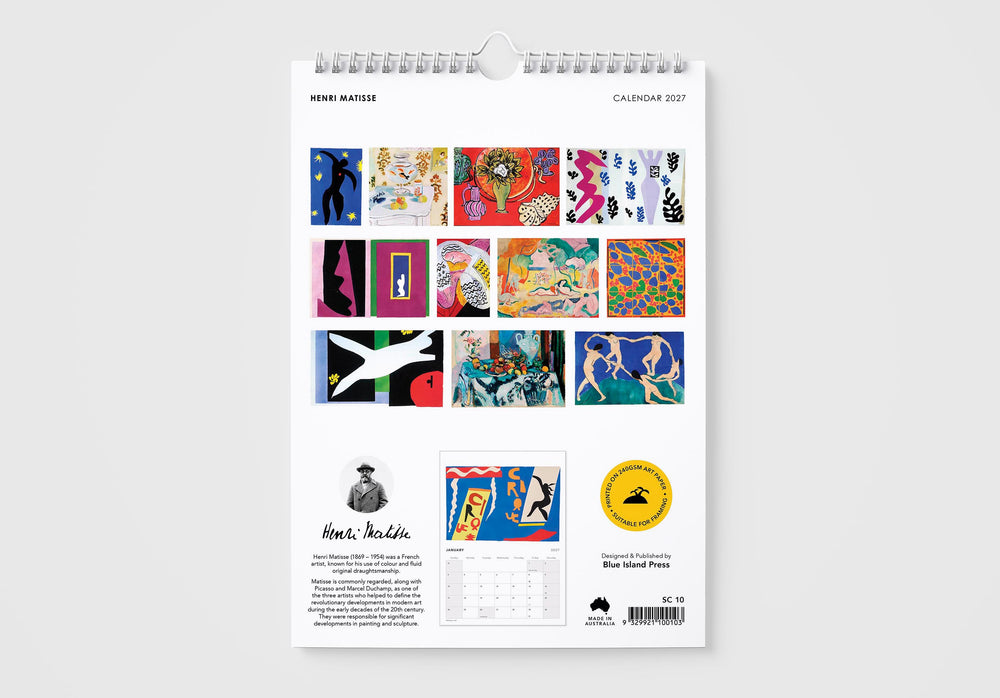 Calendar with colorful art illustrations on a white background