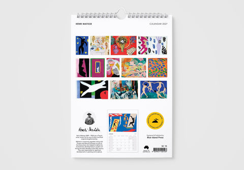 Calendar with colorful art illustrations on a white background