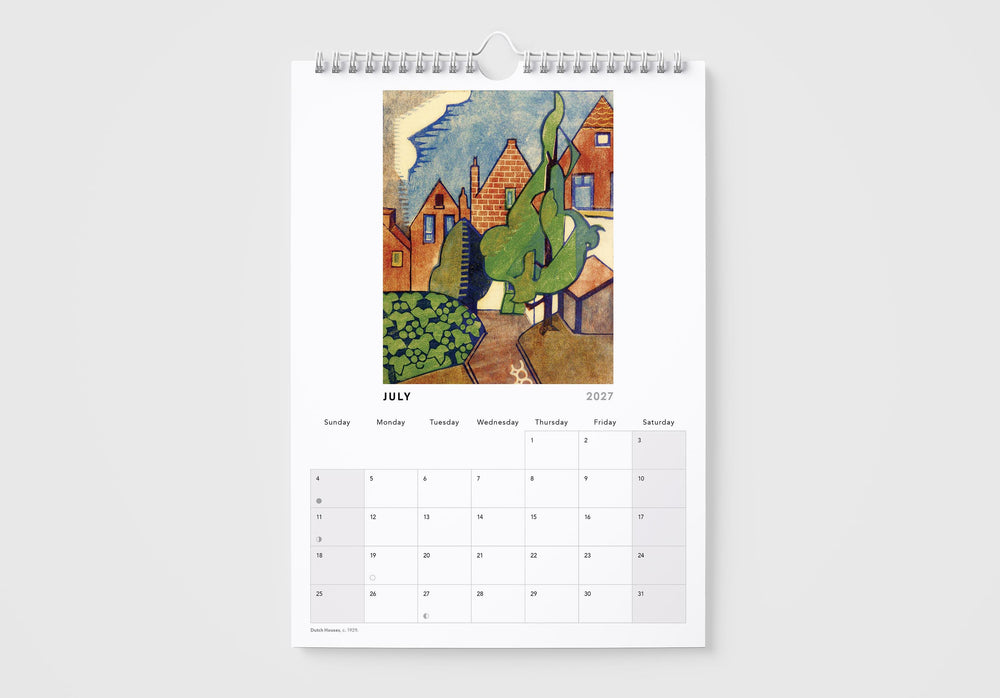 Calendar with a painting of houses and trees on a white background
