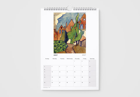 Calendar with a painting of houses and trees on a white background