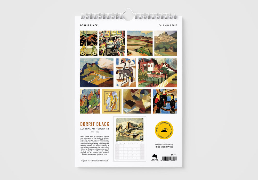 Calendar with artistic illustrations on a white background