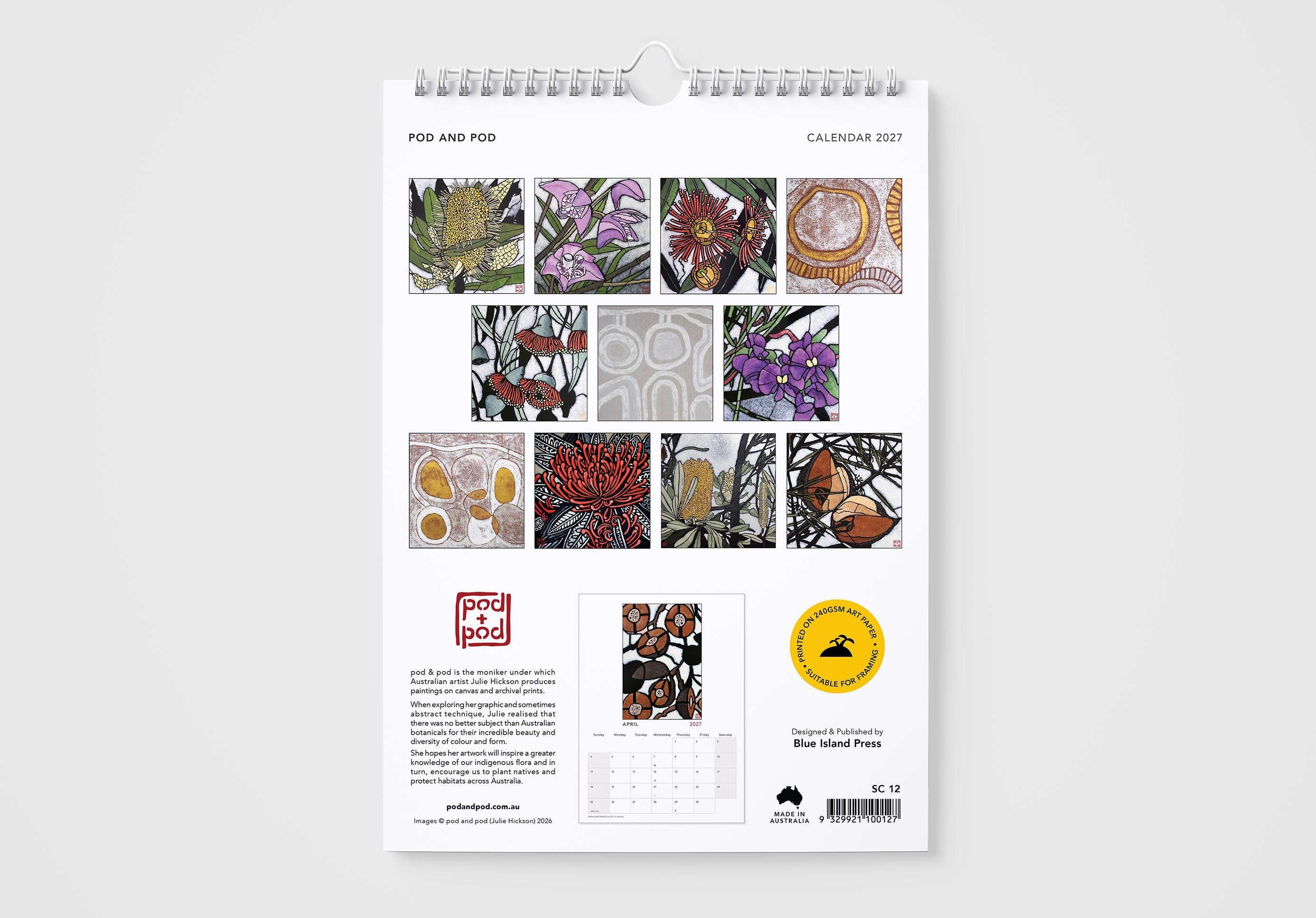 Calendar with floral and nature-themed design on a white background