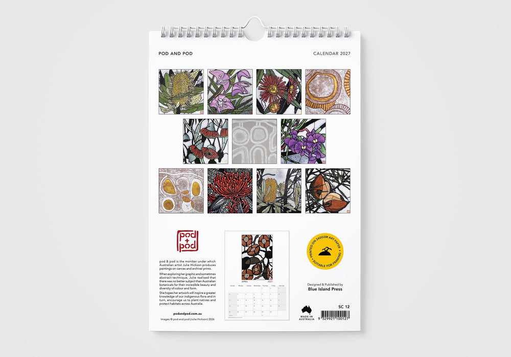 Calendar with floral and nature-themed design on a white background